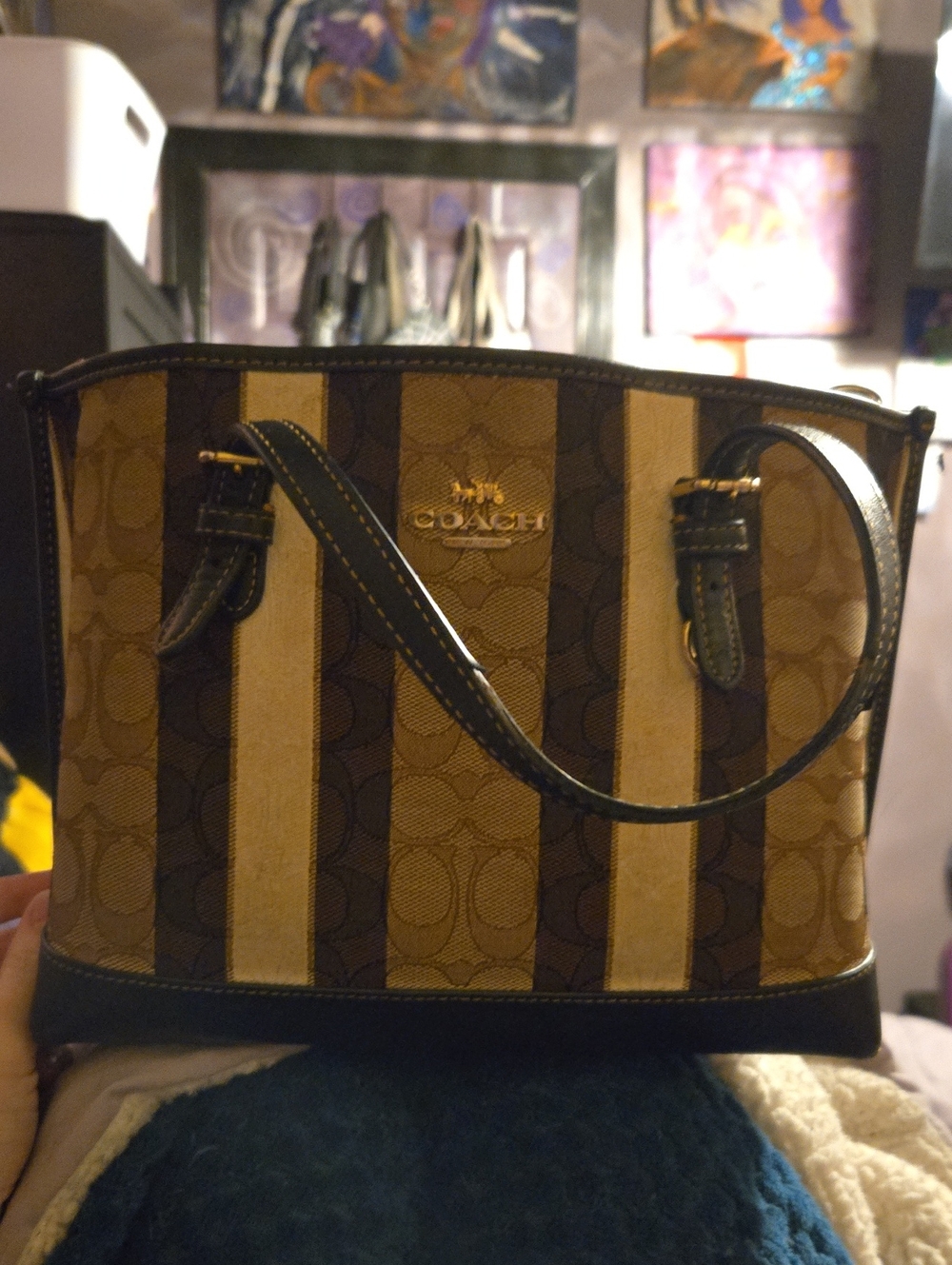 Coach Striped Signature Small Shoulder Bag in Brown and Cream